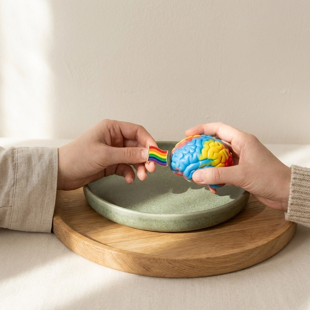Two hands connect over a teal surface, one holding a pride pin and the other a brain stress ball, reflecting intersectional ADHD and queer care.