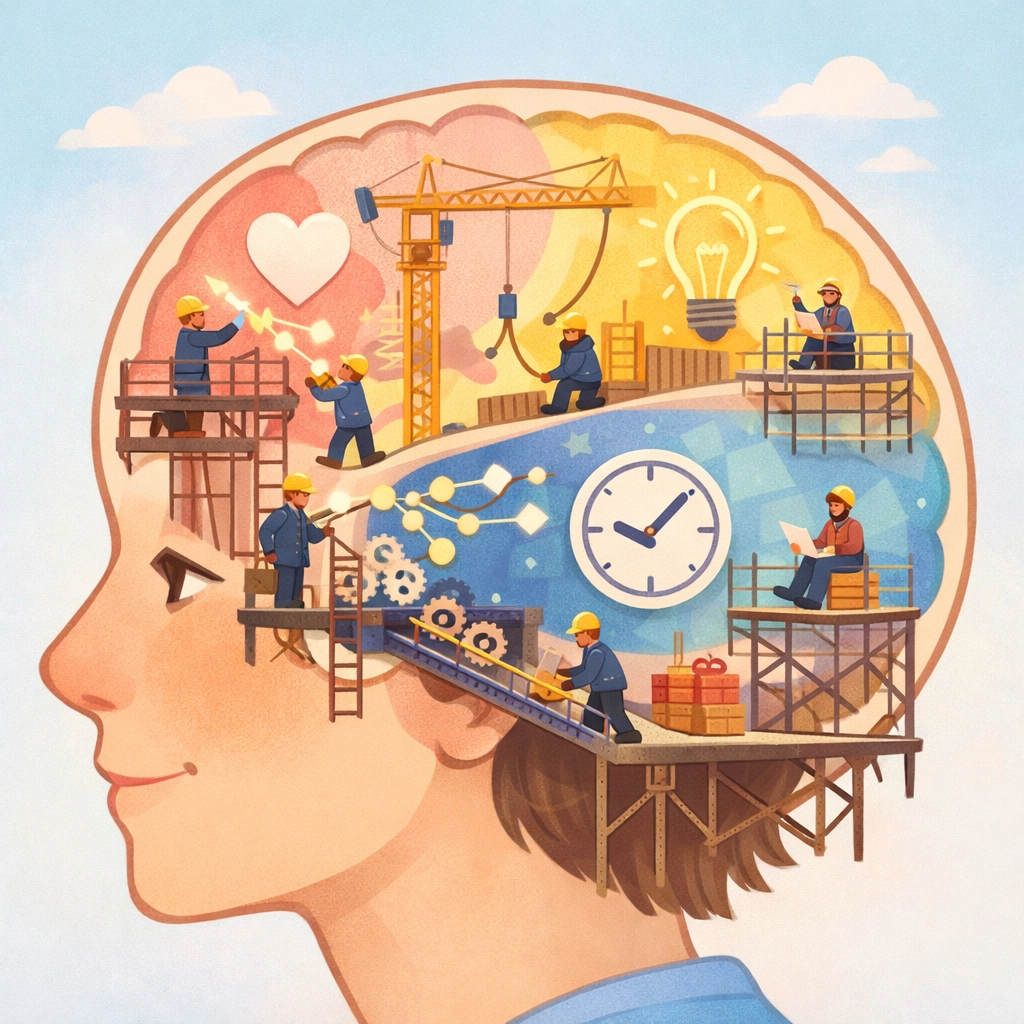 Teenage brain development illustrated as construction site with neural pathways being built