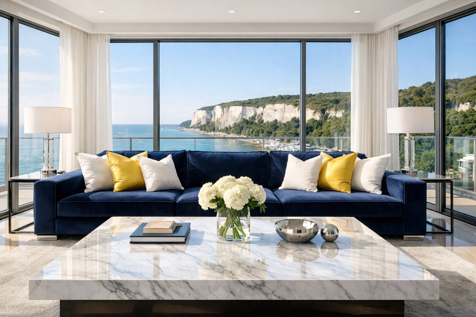 Spotless luxury living room in Dover, MA showing high-end residential cleaning Massachusetts standards.