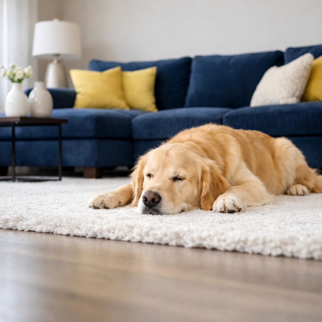 A clean, pet-friendly living room in Dover highlighting non-toxic residential cleaning Massachusetts for families.