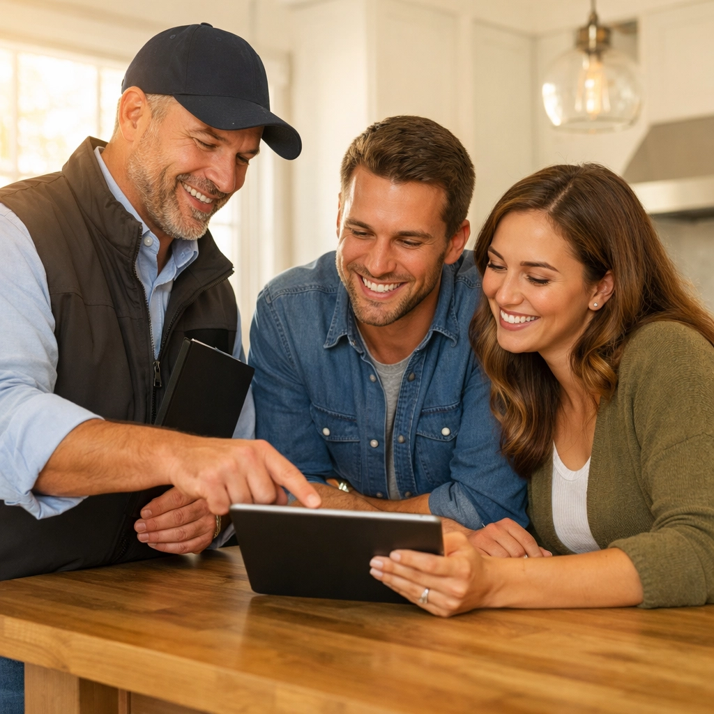 Home inspector reviewing a digital home inspection checklist with a young couple.