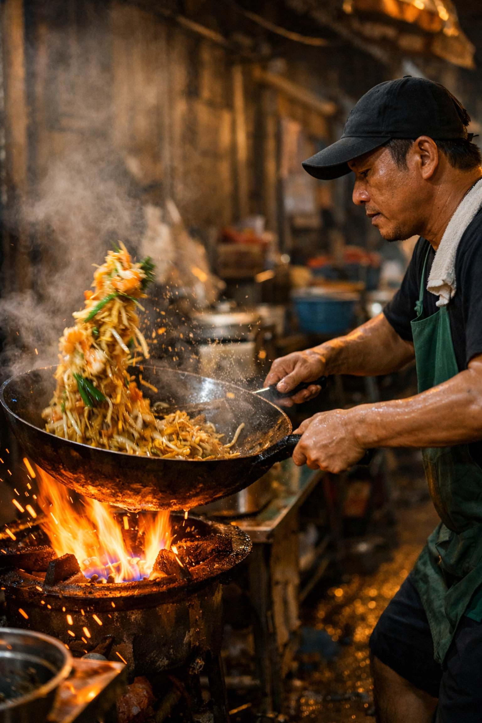 A street vendor stir-frying Pad Thai over a hot wok, capturing the spirit of Bangkok street food.