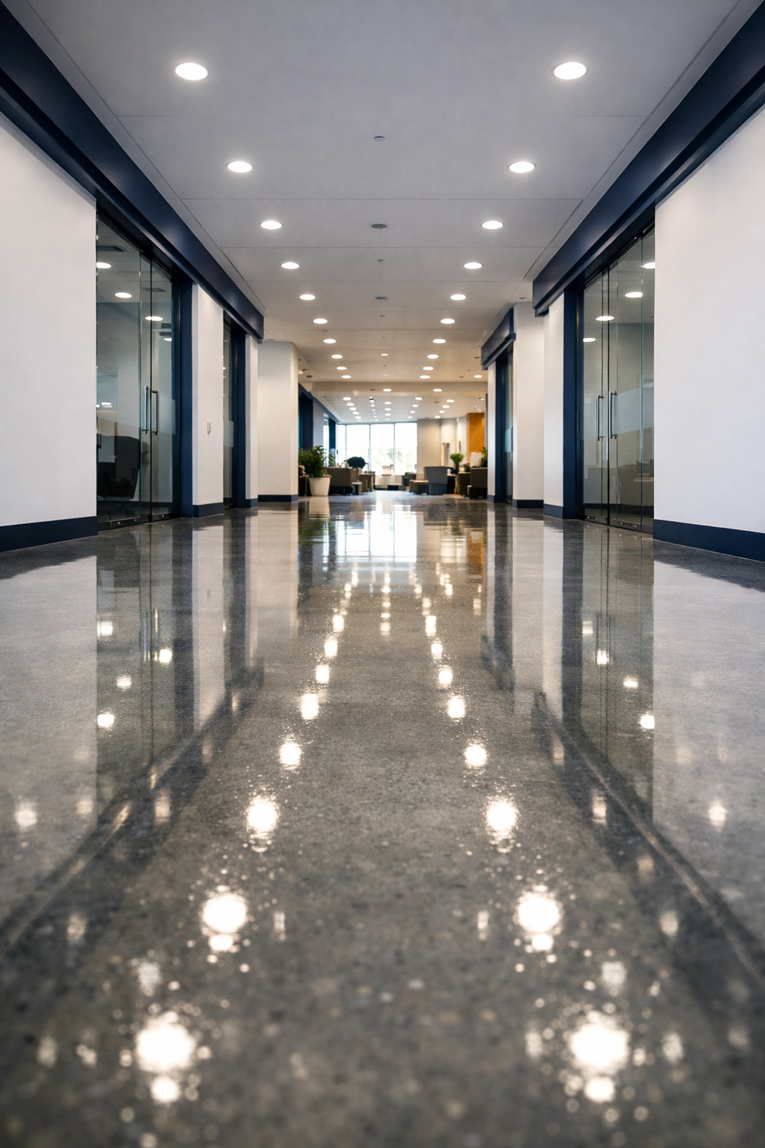 Polished concrete office hallway in Leominster after post construction cleaning to ensure workplace safety.