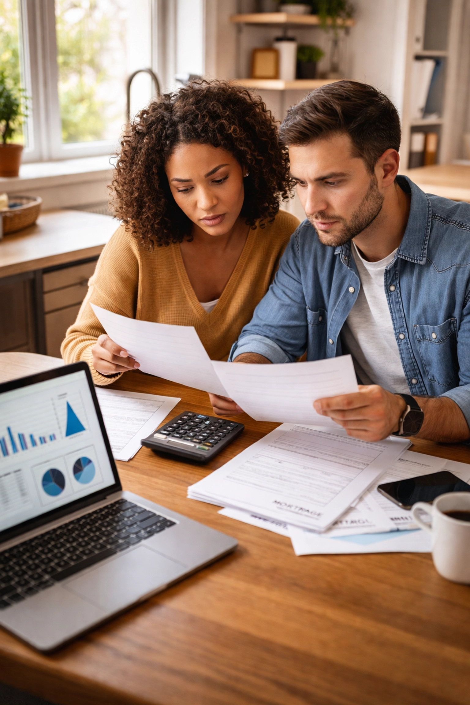 Young couple reviewing mortgage documents at kitchen table, making important homebuyer financial decisions
