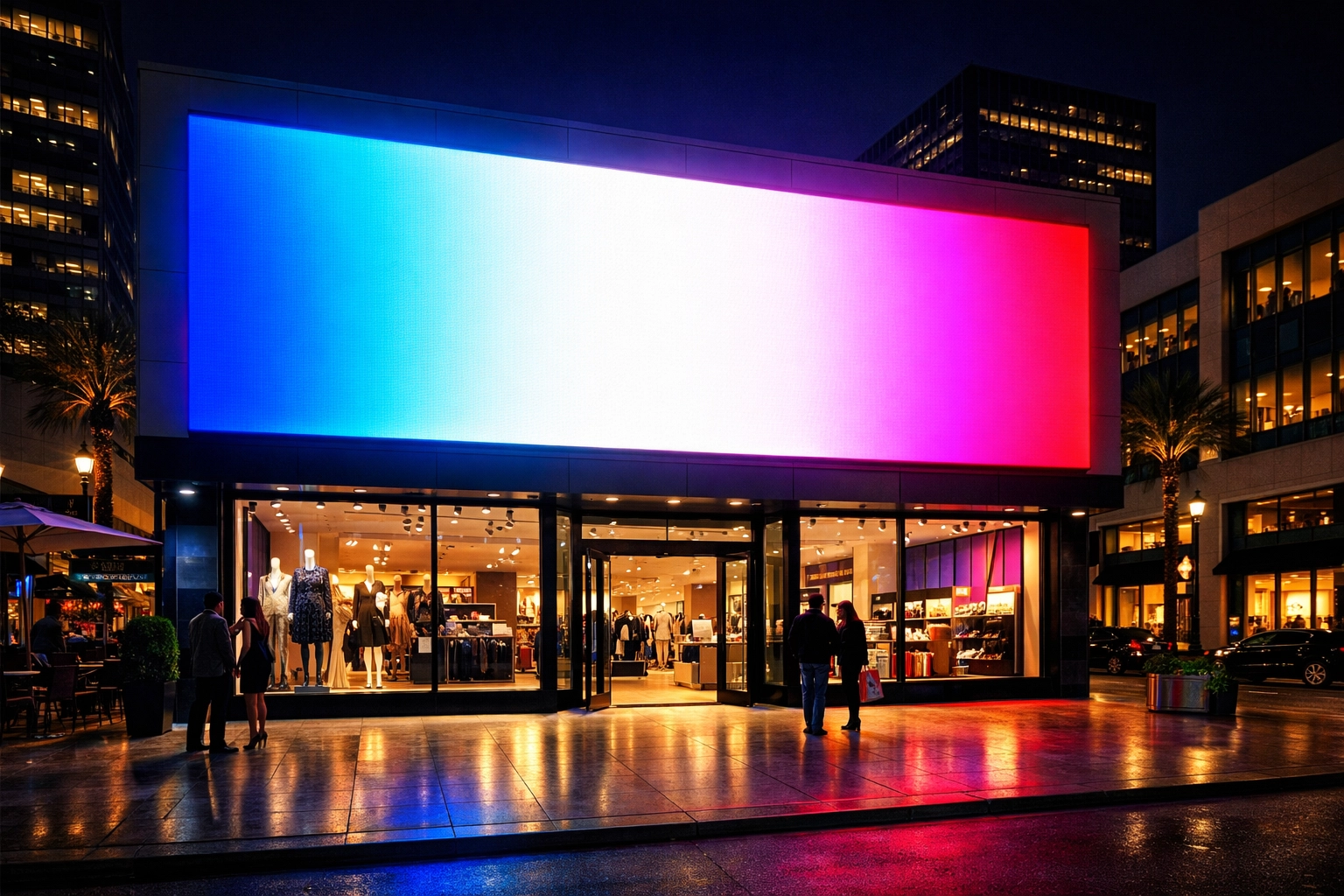 Vibrant LED storefront signage increasing business visibility in Dallas at night.