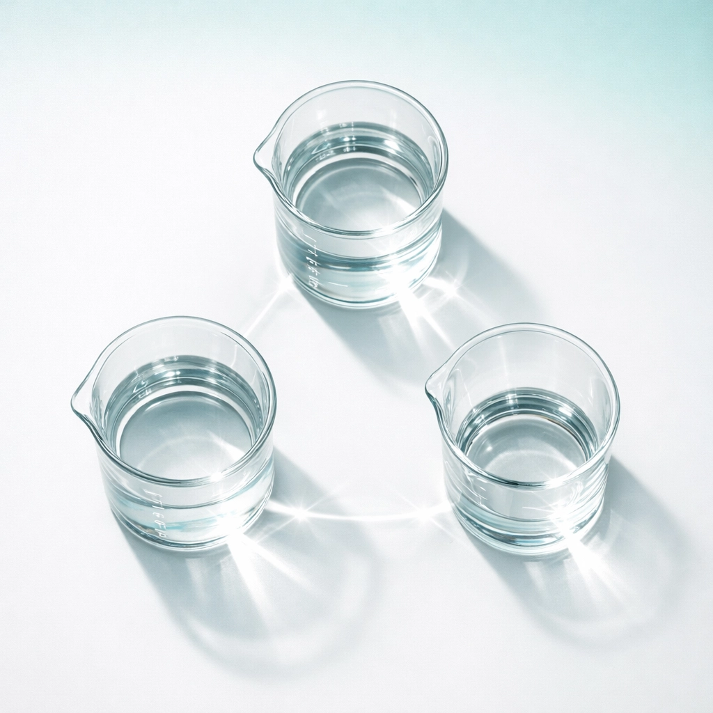 Three beakers representing kidney function test markers creatinine eGFR and urea