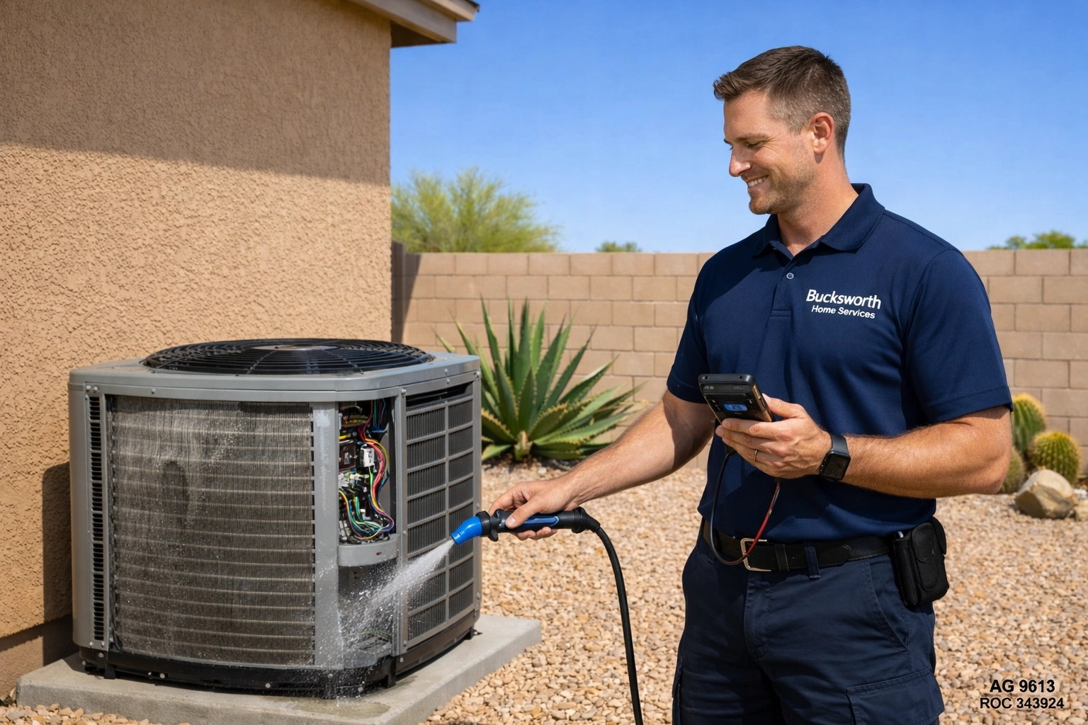 Bucksworth technician performing annual AC maintenance on an outdoor unit in Sun City, Arizona.