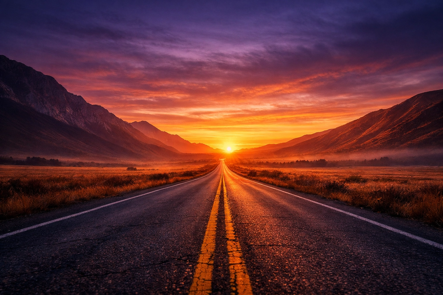 A long winding road toward a sunrise reflecting the timeline for major credit score recovery.