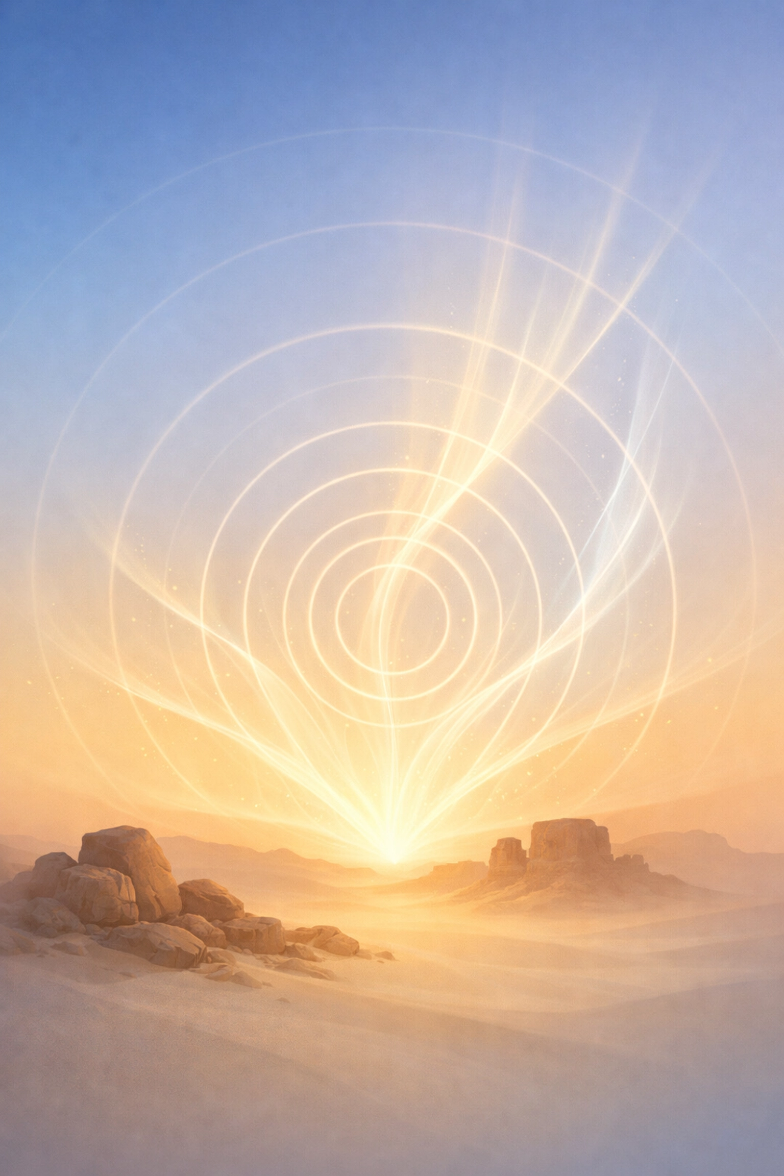 Prayers radiating across desert landscape connecting pilgrims through time