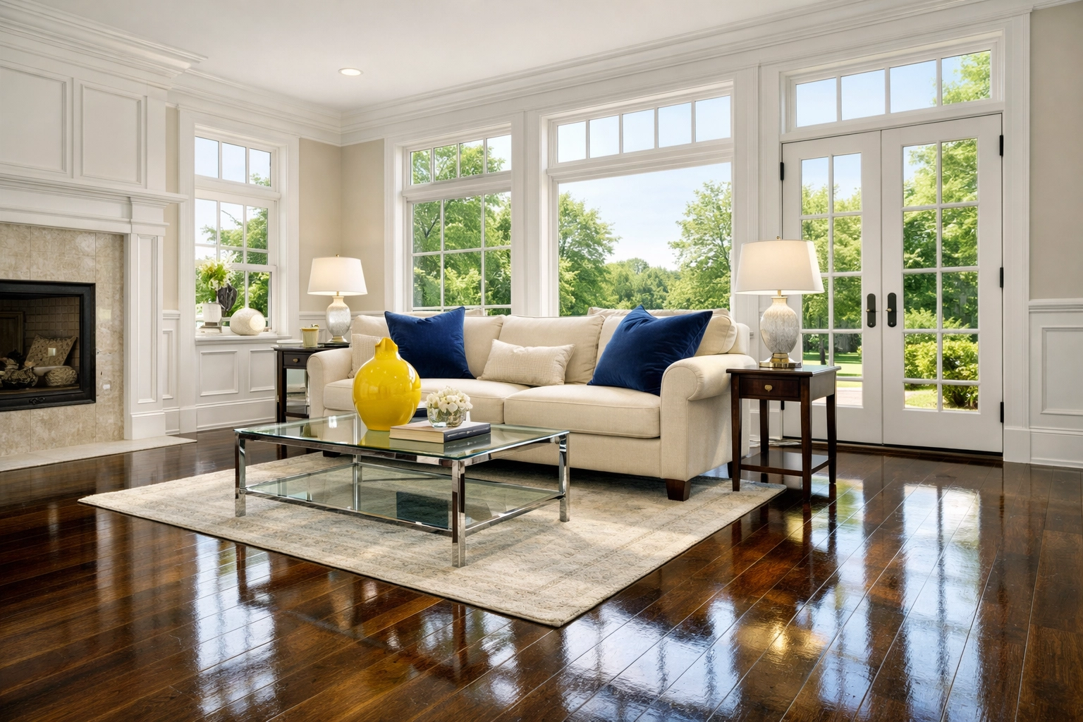 Pristine living room with polished floors after a professional deep house cleaning in Townsend MA.