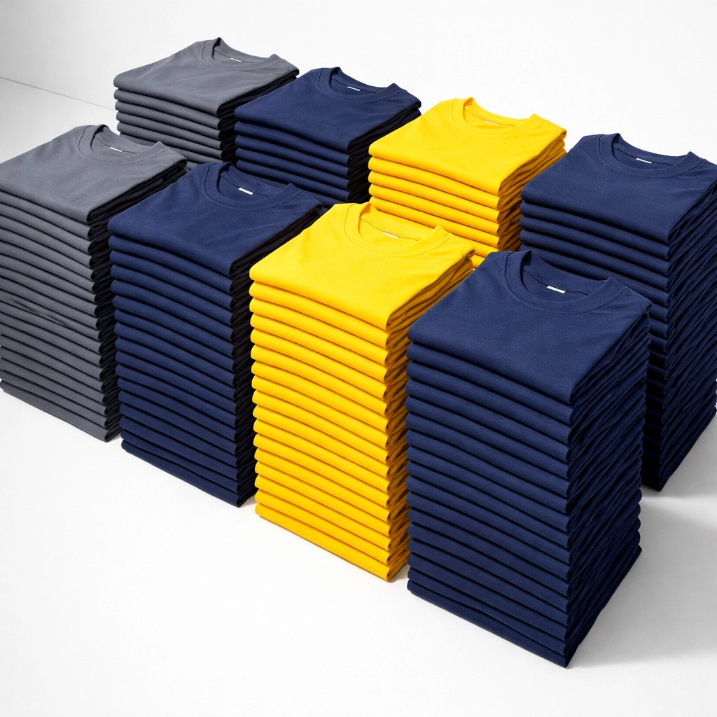 Neat stacks of colorful bulk custom t-shirts ready for a youth sports league order.