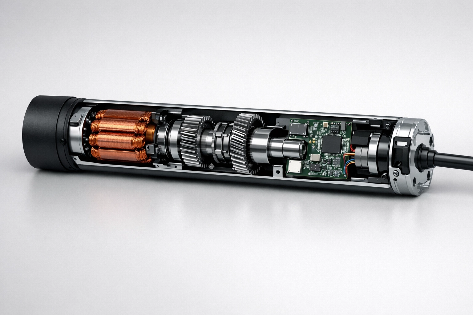 Innenansicht eines modernen Funkmotors für automatisierte Rollladen und Zip Screens mit Hinderniserkennung.