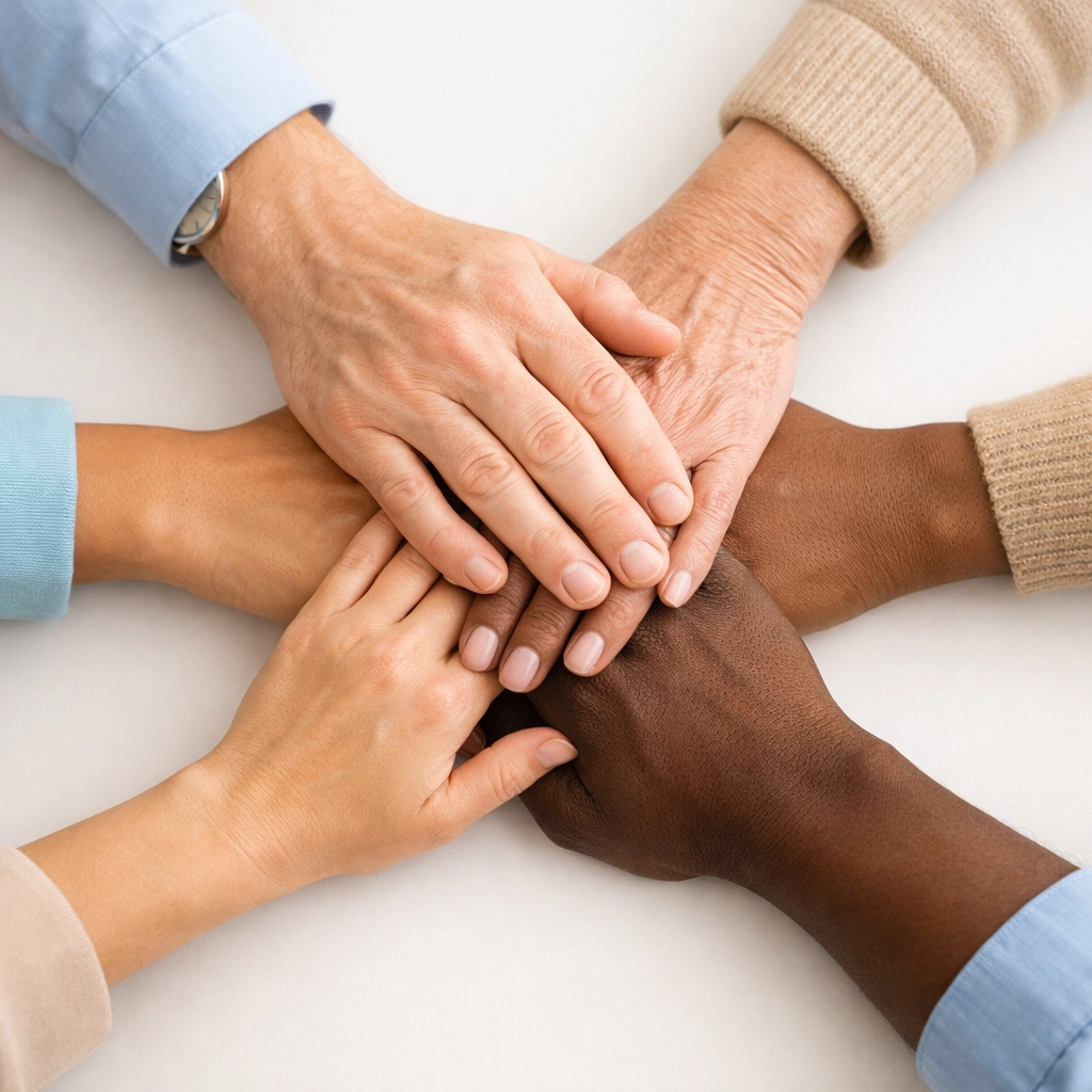 Diverse team hands joining together symbolizing trust and unity in leadership