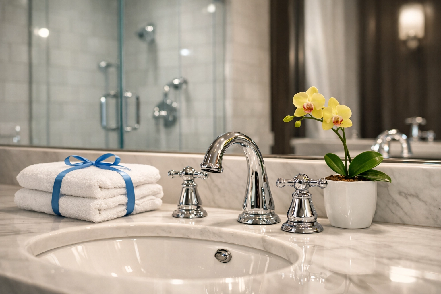 Detailed view of a sanitized bathroom vanity highlighting professional house cleaning in Boxborough, MA.