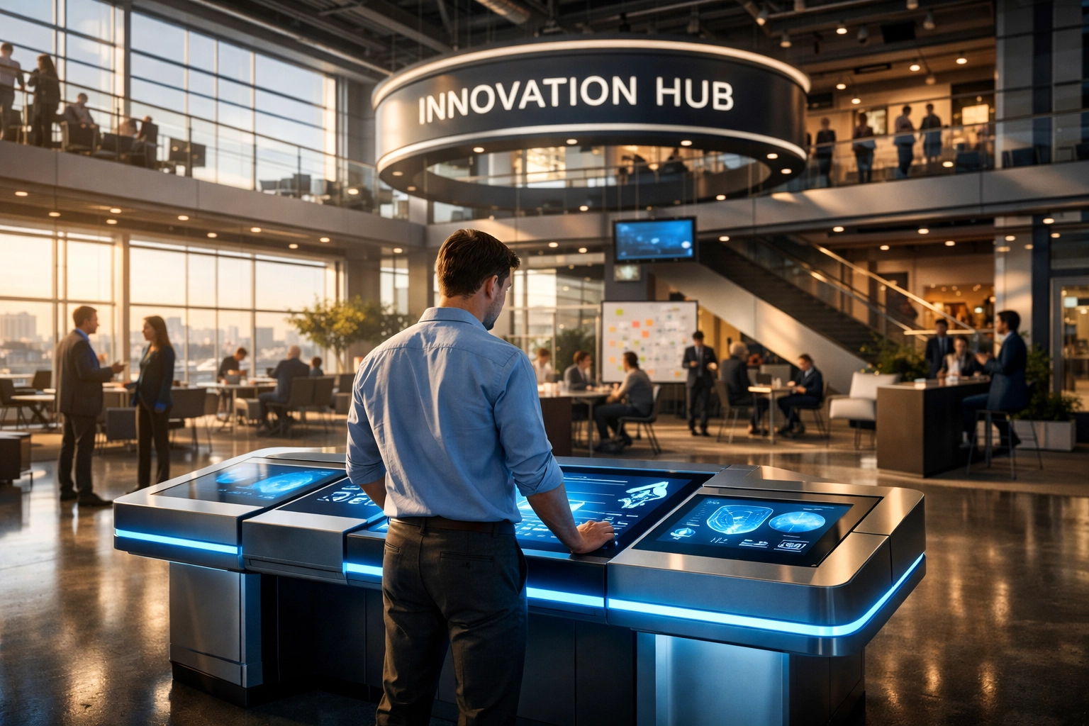 Modern corporate innovation hub featuring physical funnel stations for immersive workforce training.