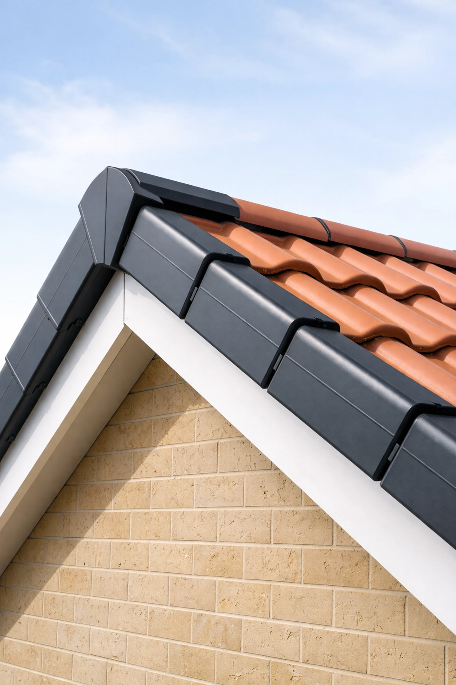 Close-up of dry verge system interlocking caps on roof tiles, showing modern roof edge protection in Northern Ireland.