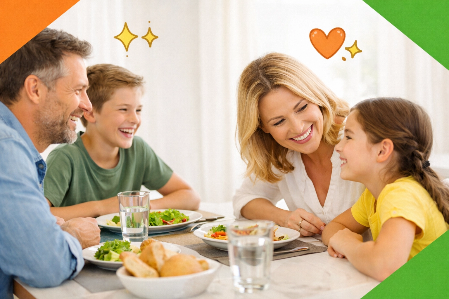 Family connecting over a meal without devices, modeling positive manners and life skills.