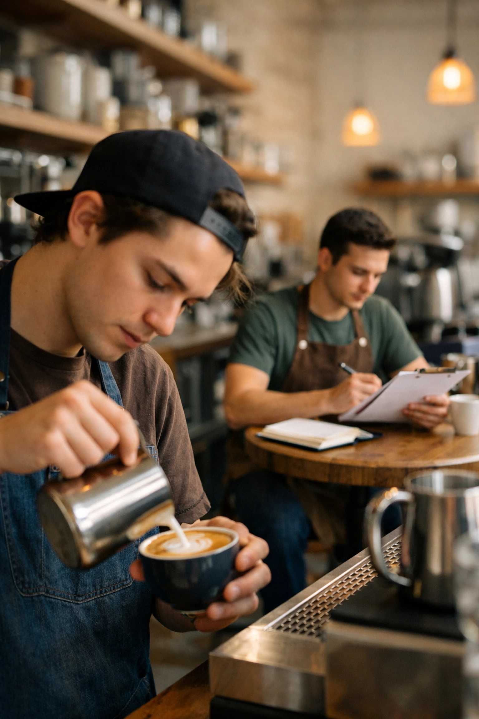 Barista practicing latte art with career development materials showing professional growth