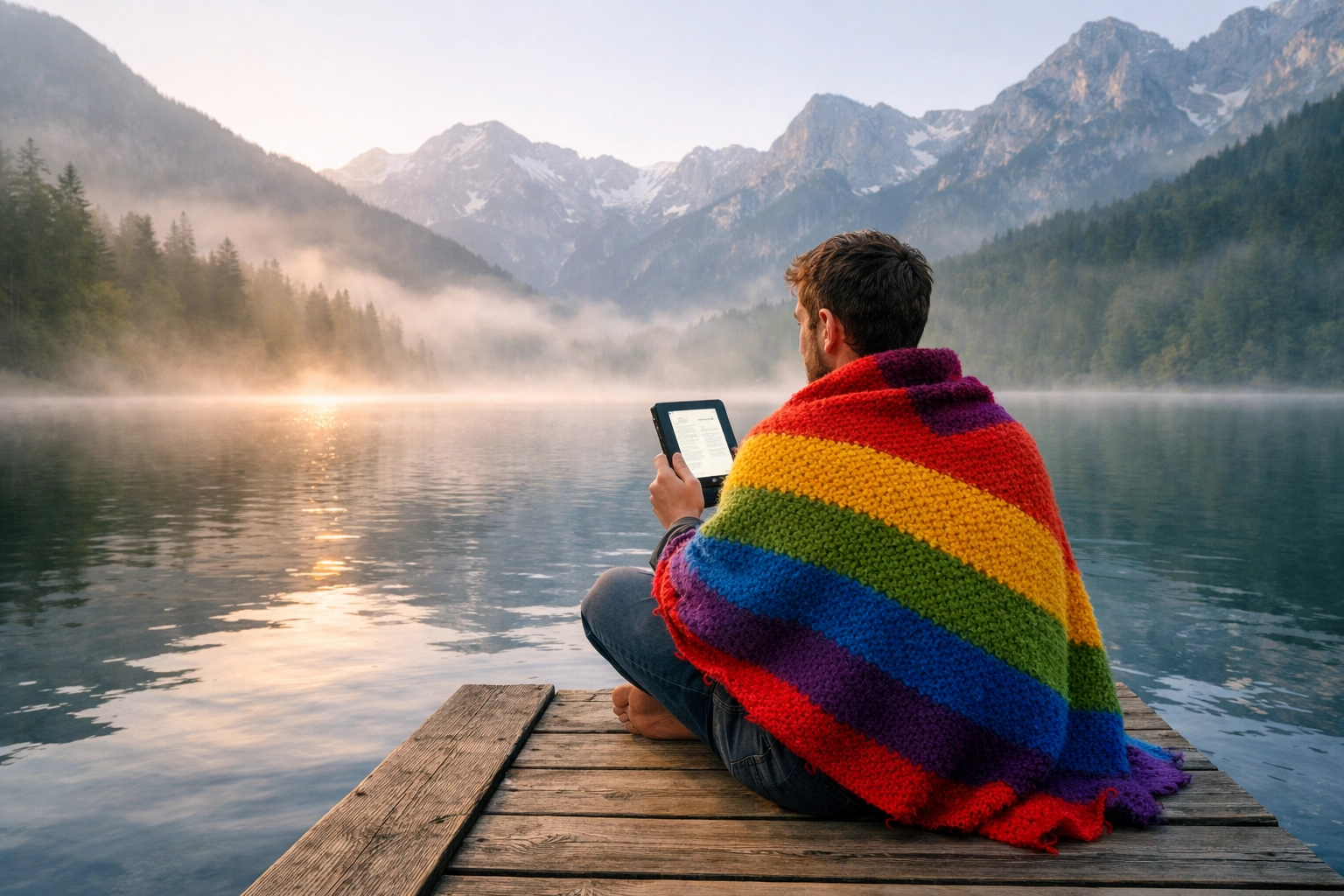 A man wrapped in a rainbow blanket reads an LGBTQ+ ebook by a misty Alpine lake, finding peace in rural solitude.