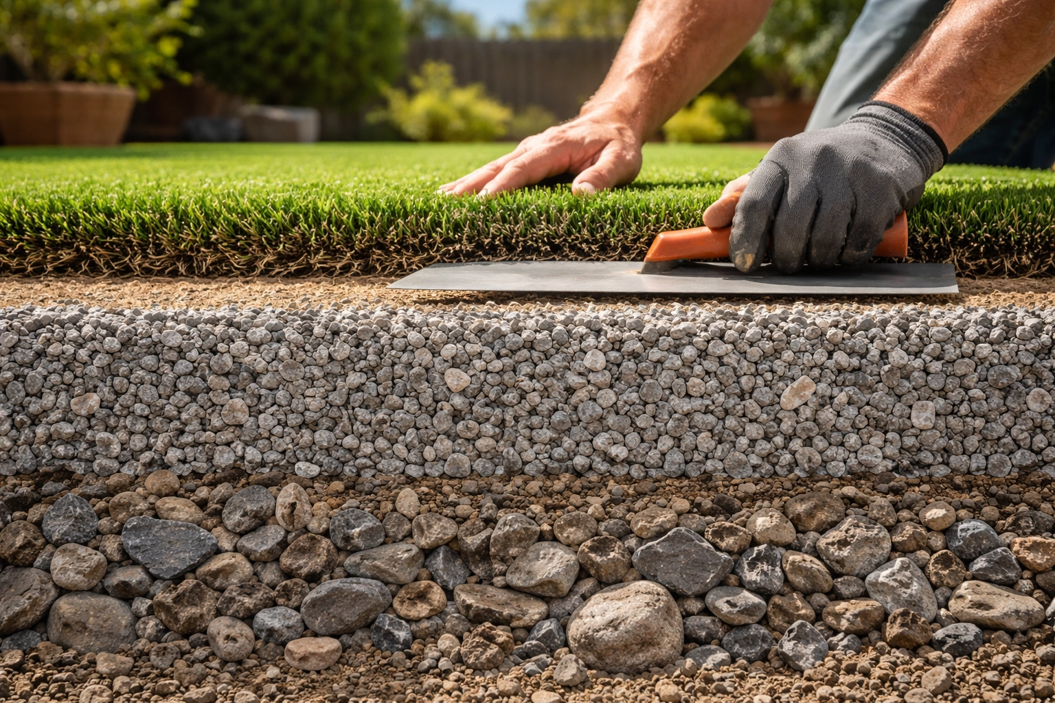 Cross-section of artificial grass installation showing compacted gravel and granite sub-base layers