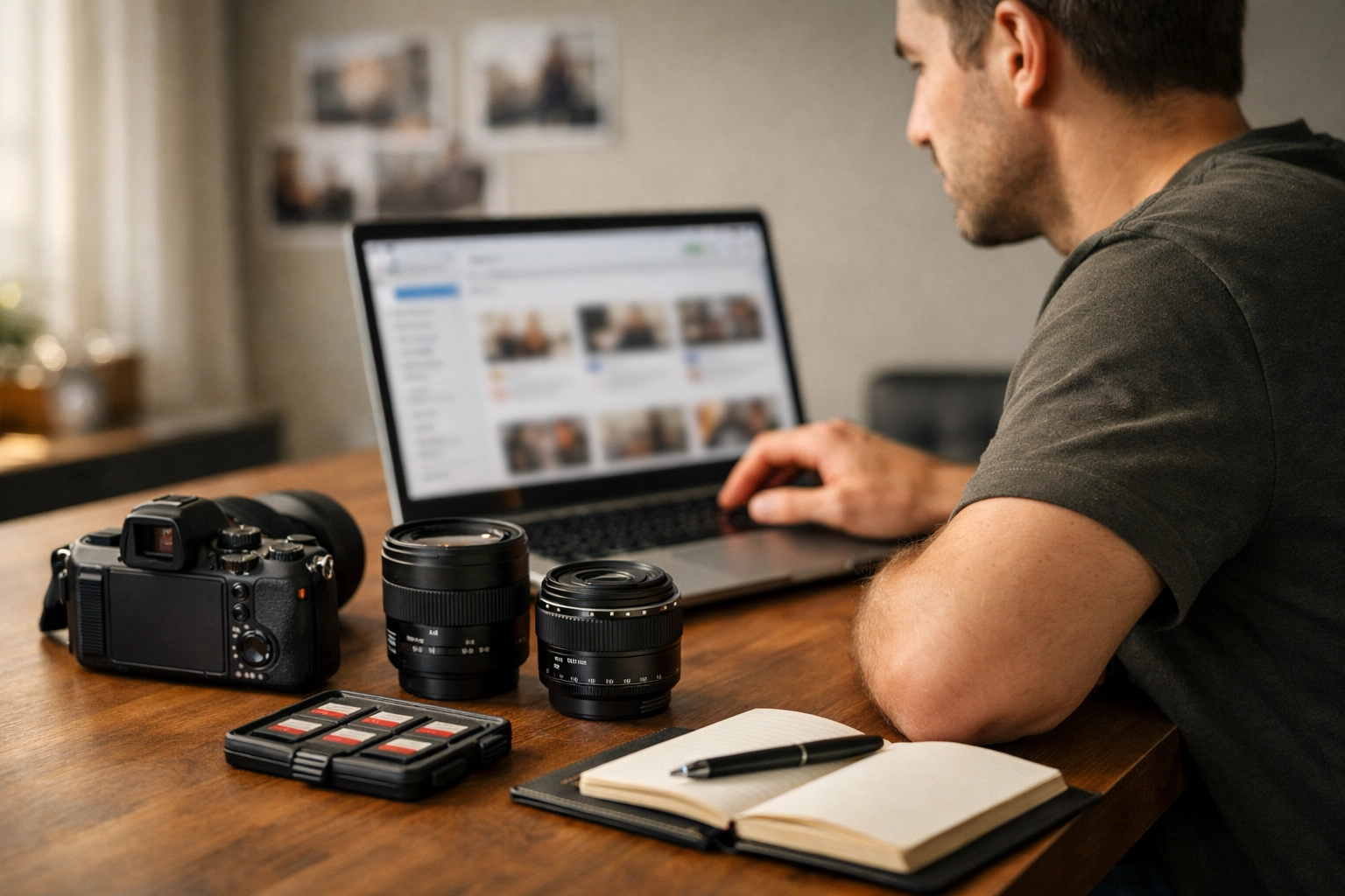 Professional photographer at a studio desk using a laptop to browse jobs on a photography marketplace.