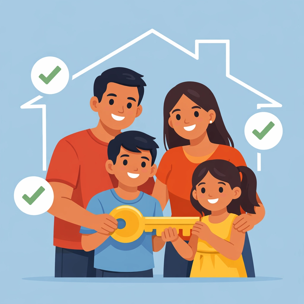 Familia latina sosteniendo llave de su nueva casa después de mejorar su crédito