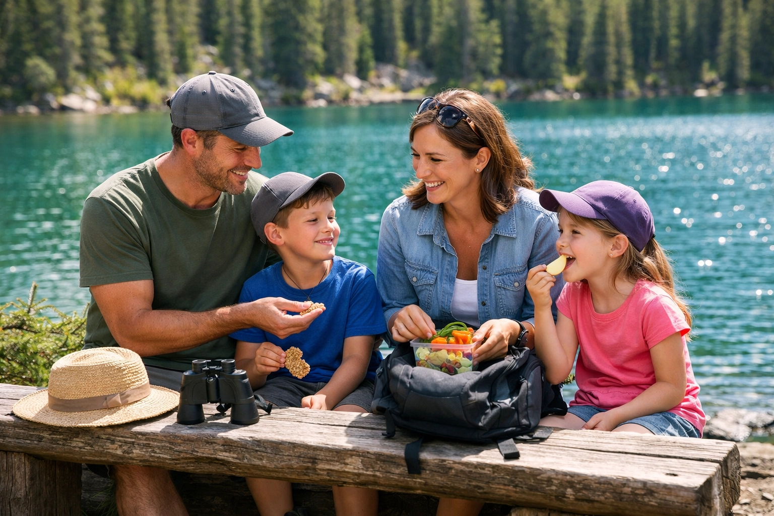 A relaxed family taking a break to share snacks by a peaceful turquoise lake during their outdoor adventure.