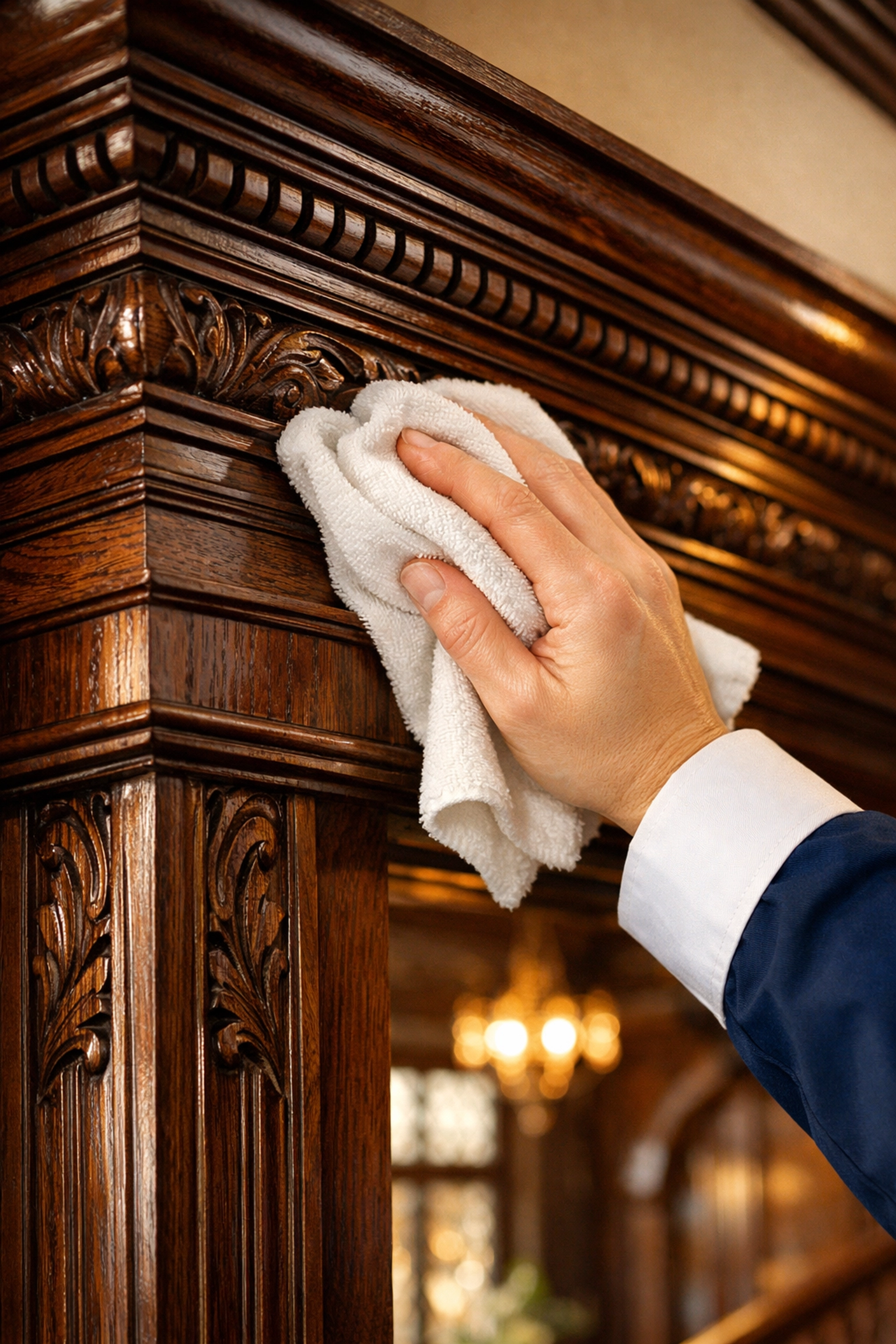 Professional cleaner dusting historic wood moldings for luxury house cleaning in Newton MA using a microfiber cloth.