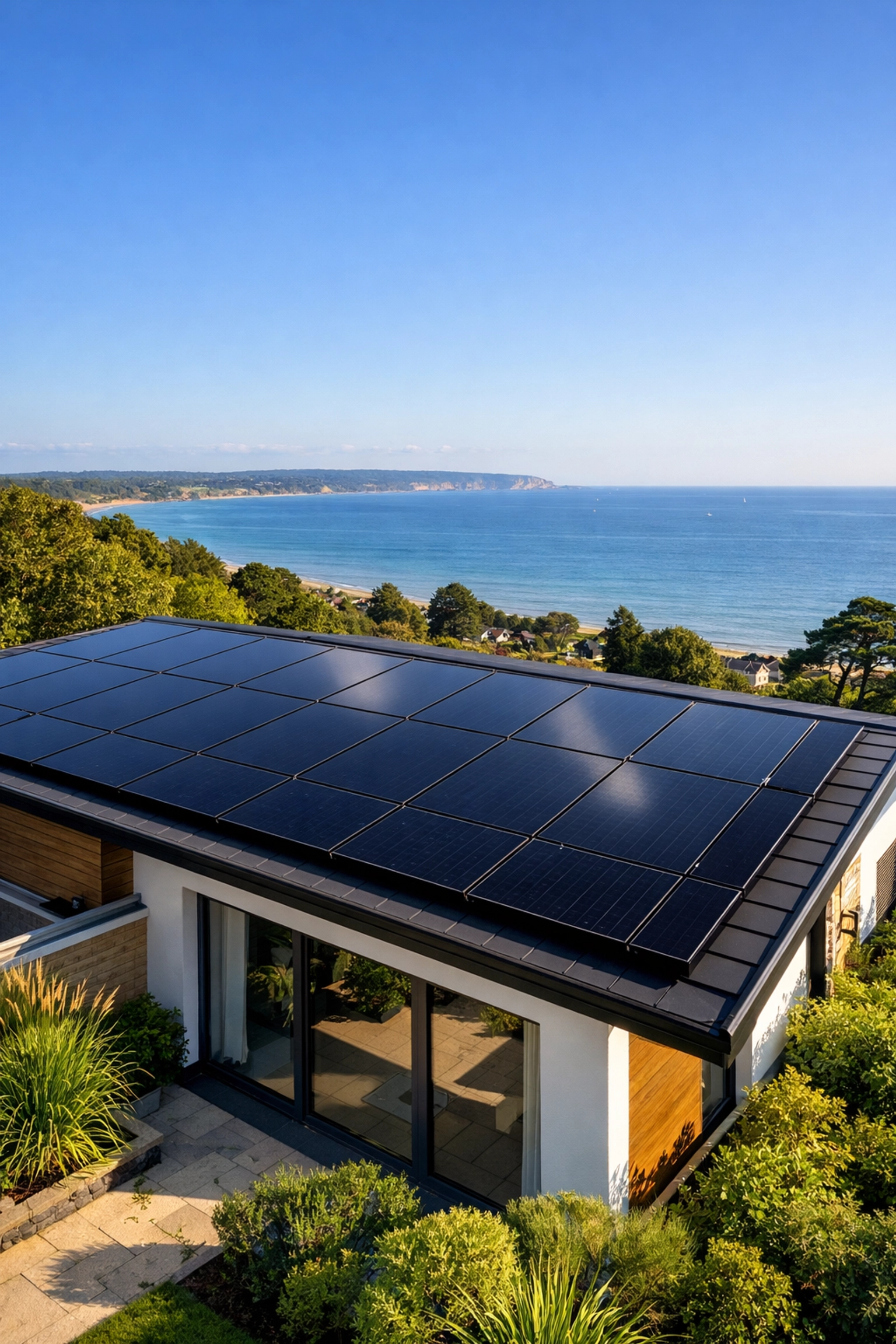 Modern Dorset home with rooftop solar panels overlooking the Bournemouth coastline.