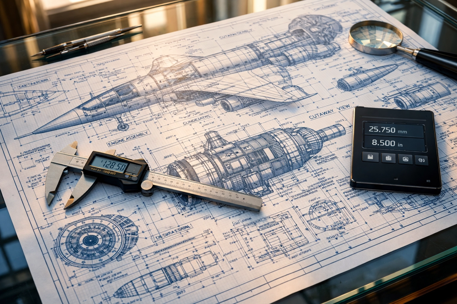 Aerospace technical blueprints on a desk symbolizing NIST compliance and Connecticut manufacturing grant eligibility.