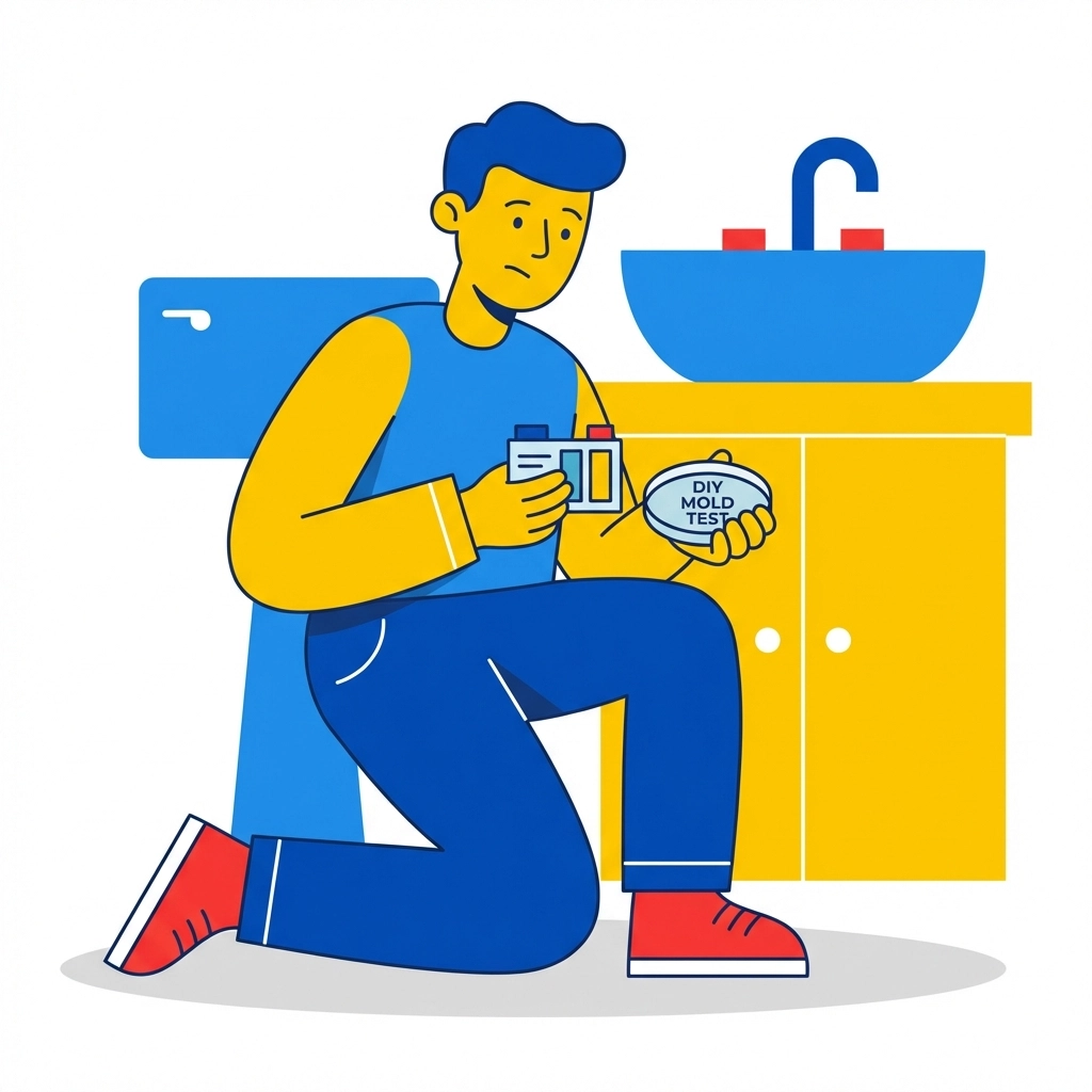 Homeowner using a DIY mold test kit on bathroom floor to check for mold growth