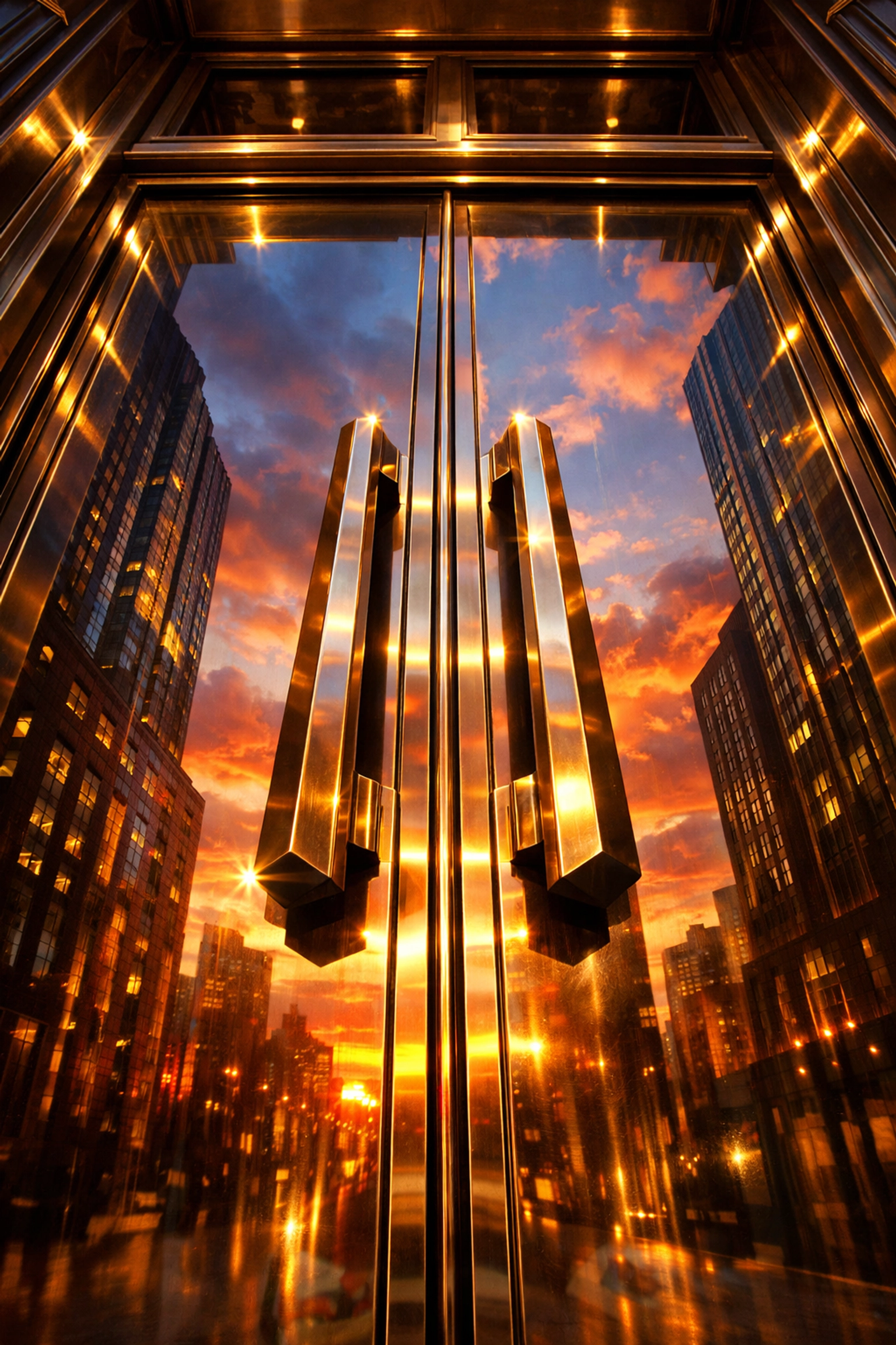 Restored bronze entrance doors reflecting a city skyline, showcasing building curb appeal.