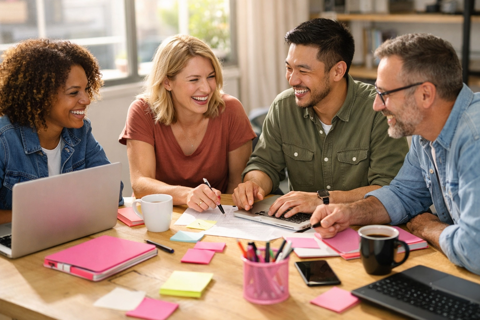 Team collaboration meeting planning social media content strategy for service-based business