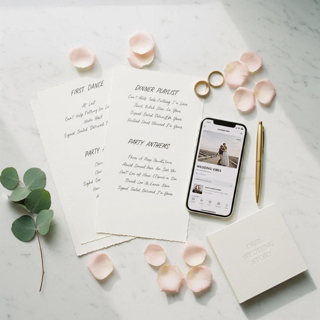 Wedding flat lay with playlists on paper, a phone showing "Wedding Vibes," rings, pen, pink petals, eucalyptus, and a wedding storybook.