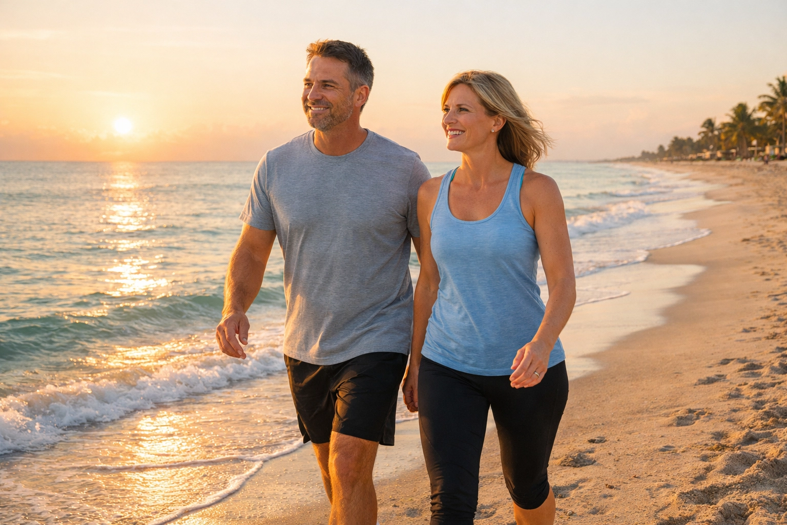 Active adults enjoying vitality and health on a Delray Beach shoreline after medically managed weight loss.