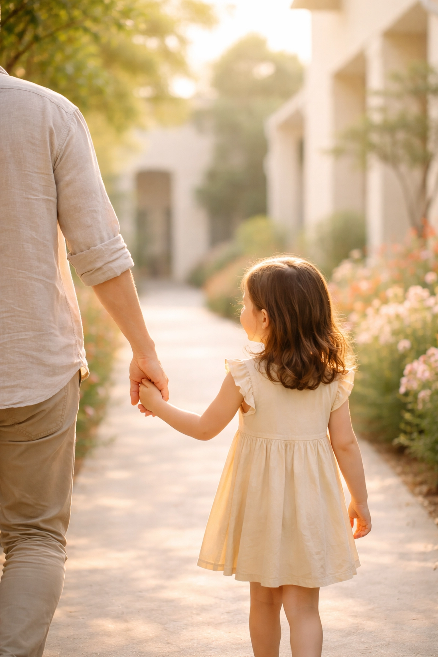Adult and child walking hand-in-hand along a sunlit pathway in a peaceful residential compound
