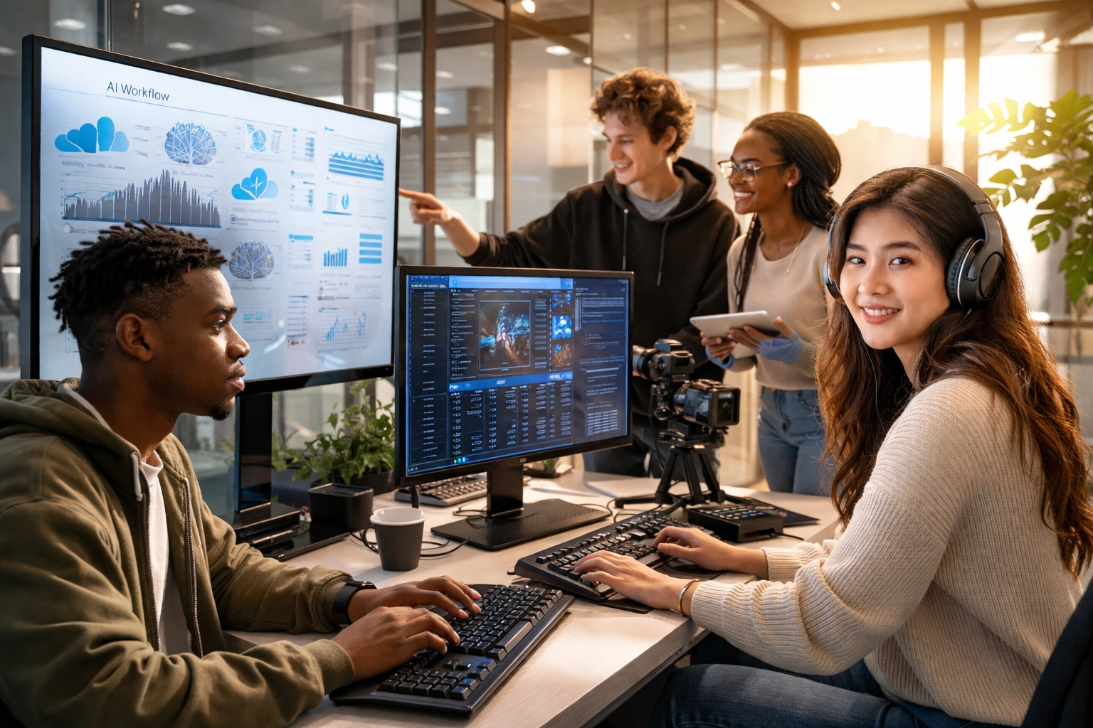 Young professionals collaborating in a tech office, symbolizing workforce development and next-generation talent pipelines.