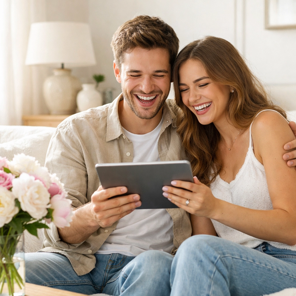Happy engaged couple planning a debt-free wedding on a digital tablet.