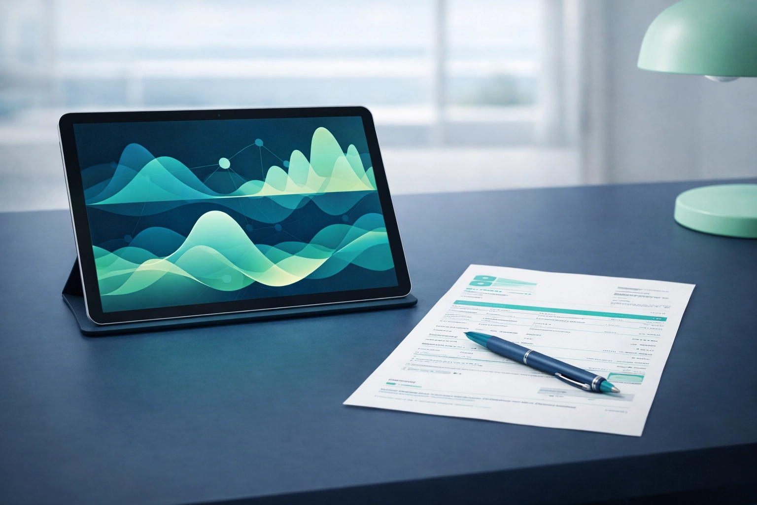 Article style close up of a desk with a tablet showing energy charts, paper billing, and navy and teal stationery.