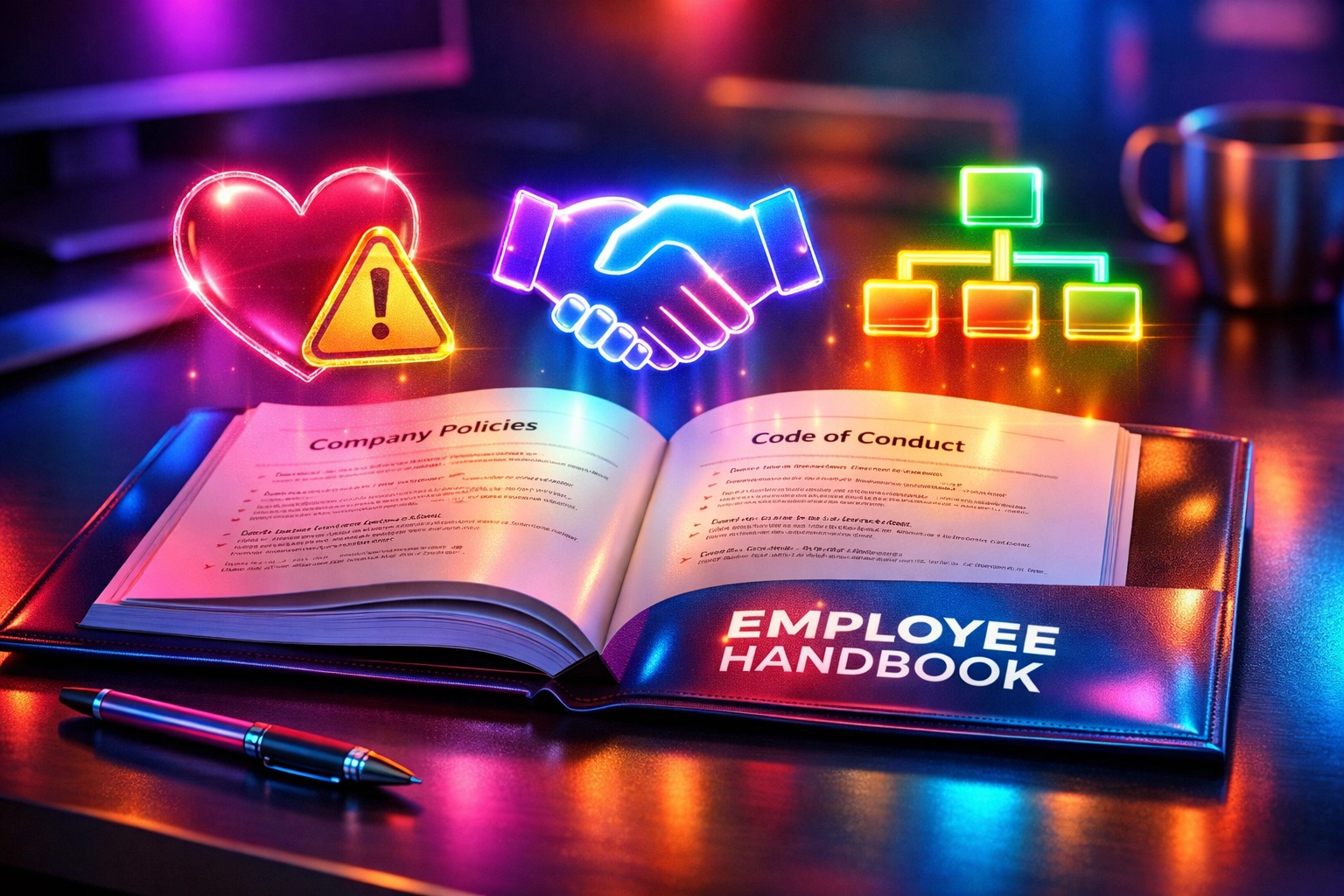 Employee handbook open on desk showing workplace romance policy guidelines