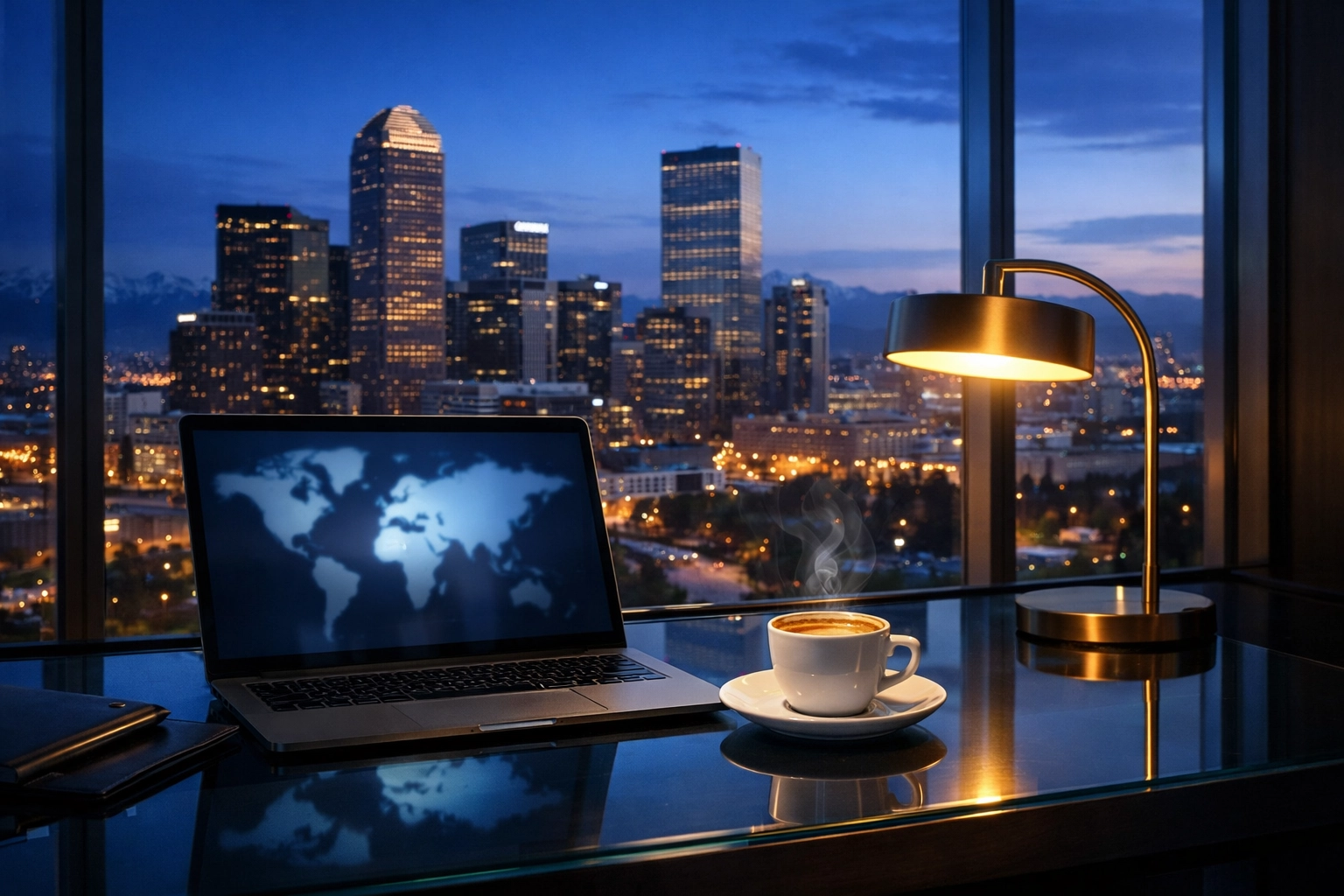 Modern Denver office desk with a laptop overlooking the downtown city skyline at dusk.