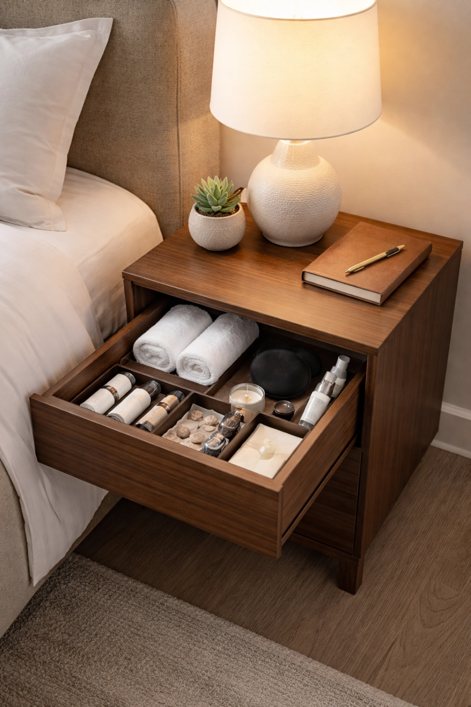 Modern walnut nightstand with hidden drawer beside a plush bed in a boutique hotel, exemplifying dual-purpose furniture and elegant storage.