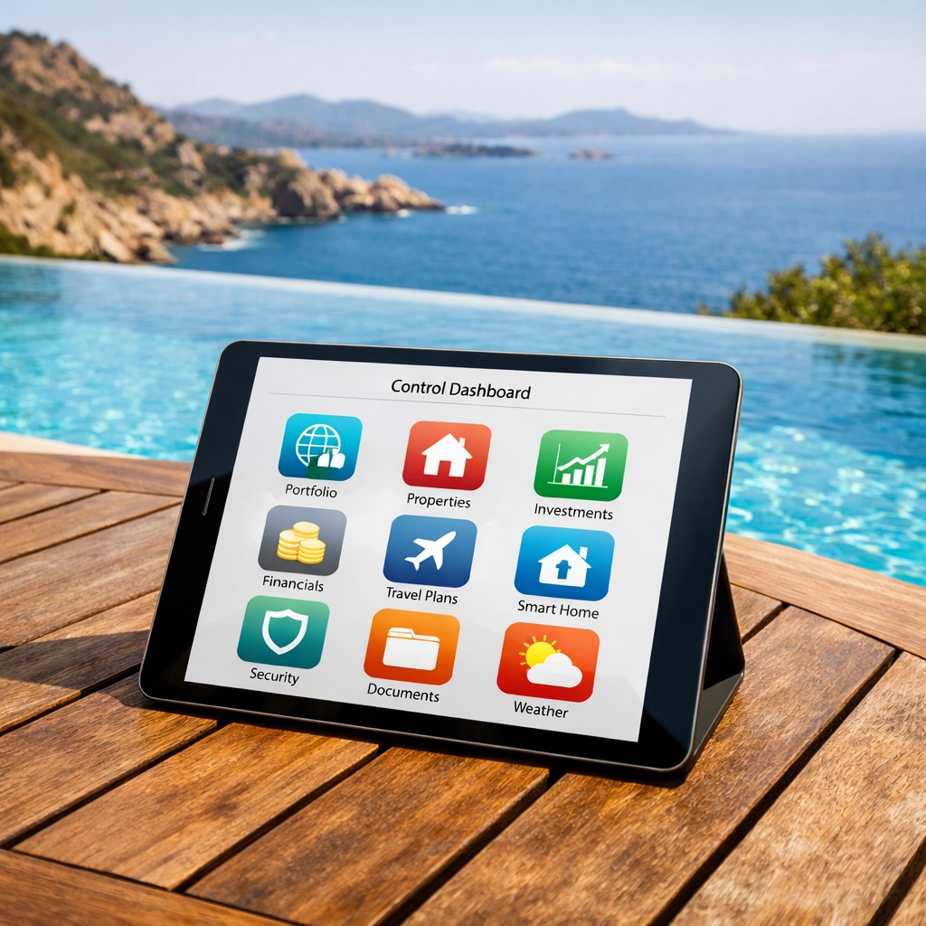 Tablet displaying a unified property management calendar with a luxury Sardinia villa background.
