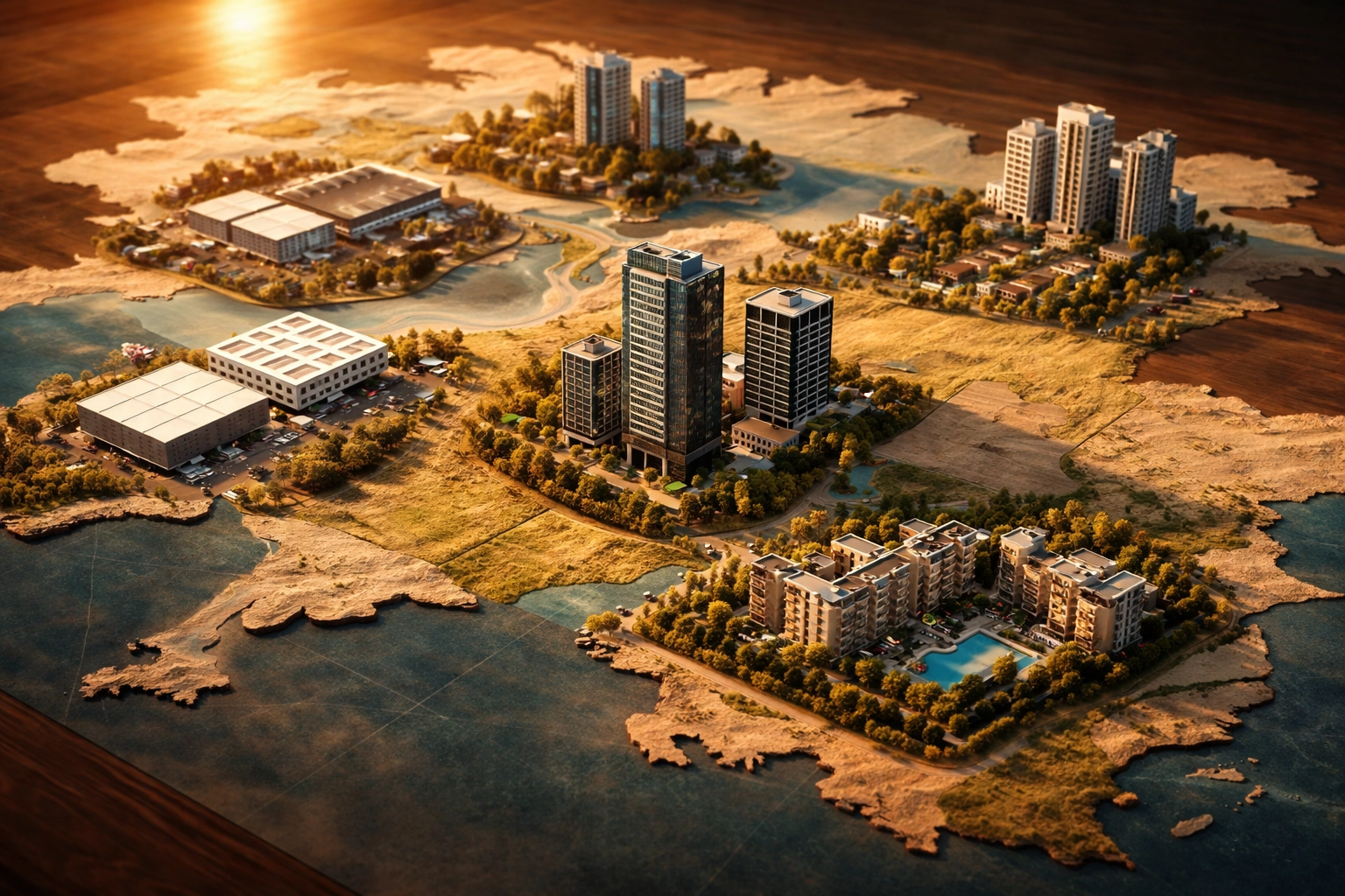 Aerial view of a diversified real estate portfolio highlighting investment property types and geographic diversity for syndication strategies.