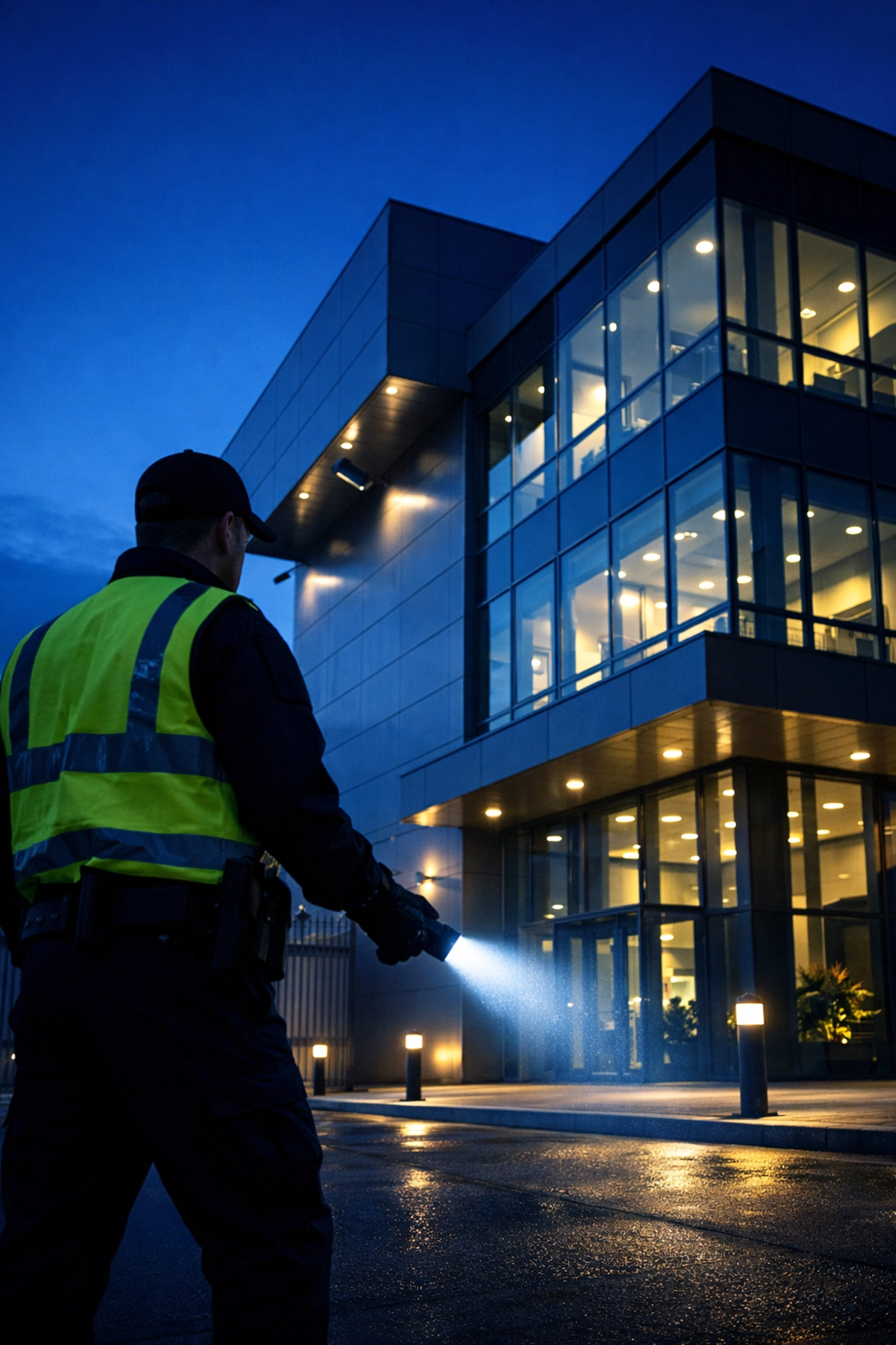 Professional security officer on night patrol protecting commercial property