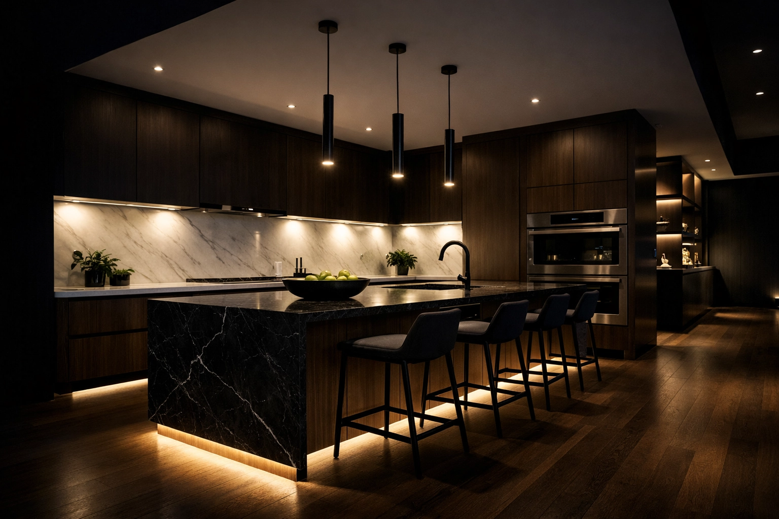 Luxury kitchen featuring professional layered LED lighting with under-cabinet and toe-kick accents.