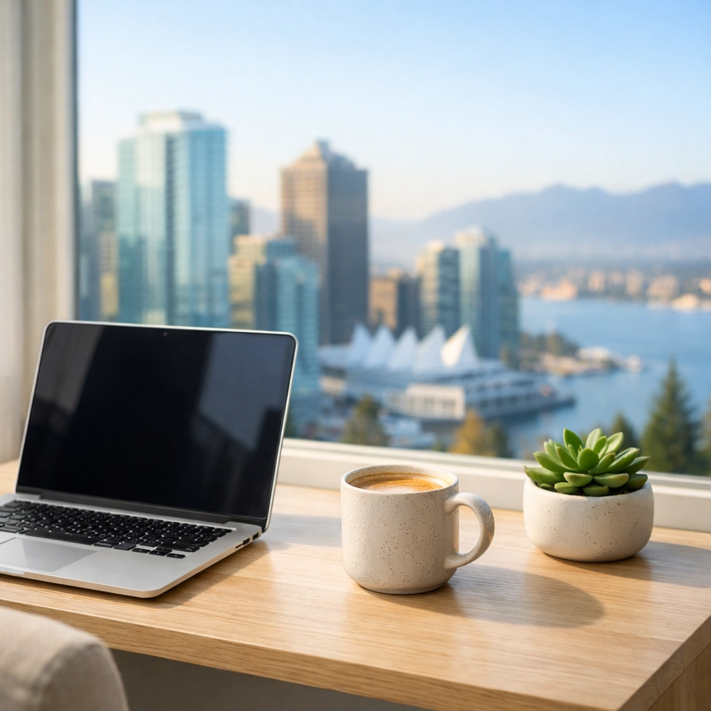 Professional home office in a luxury Vancouver suite highlighting organized short-term rental property management.