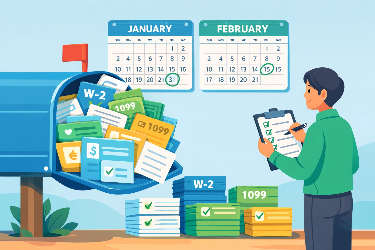 Organizing W-2 and 1099 tax forms with calendar showing January and February filing deadlines