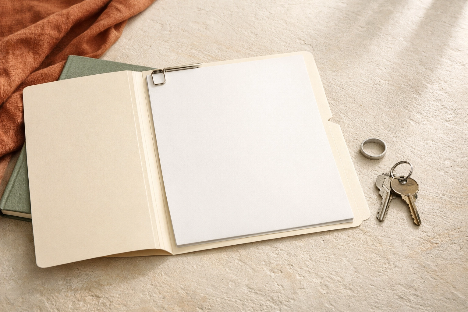 Separation agreement folder with house keys and a ring in a warm terracotta, sage, and cream Business Boho setting for spousal support context.