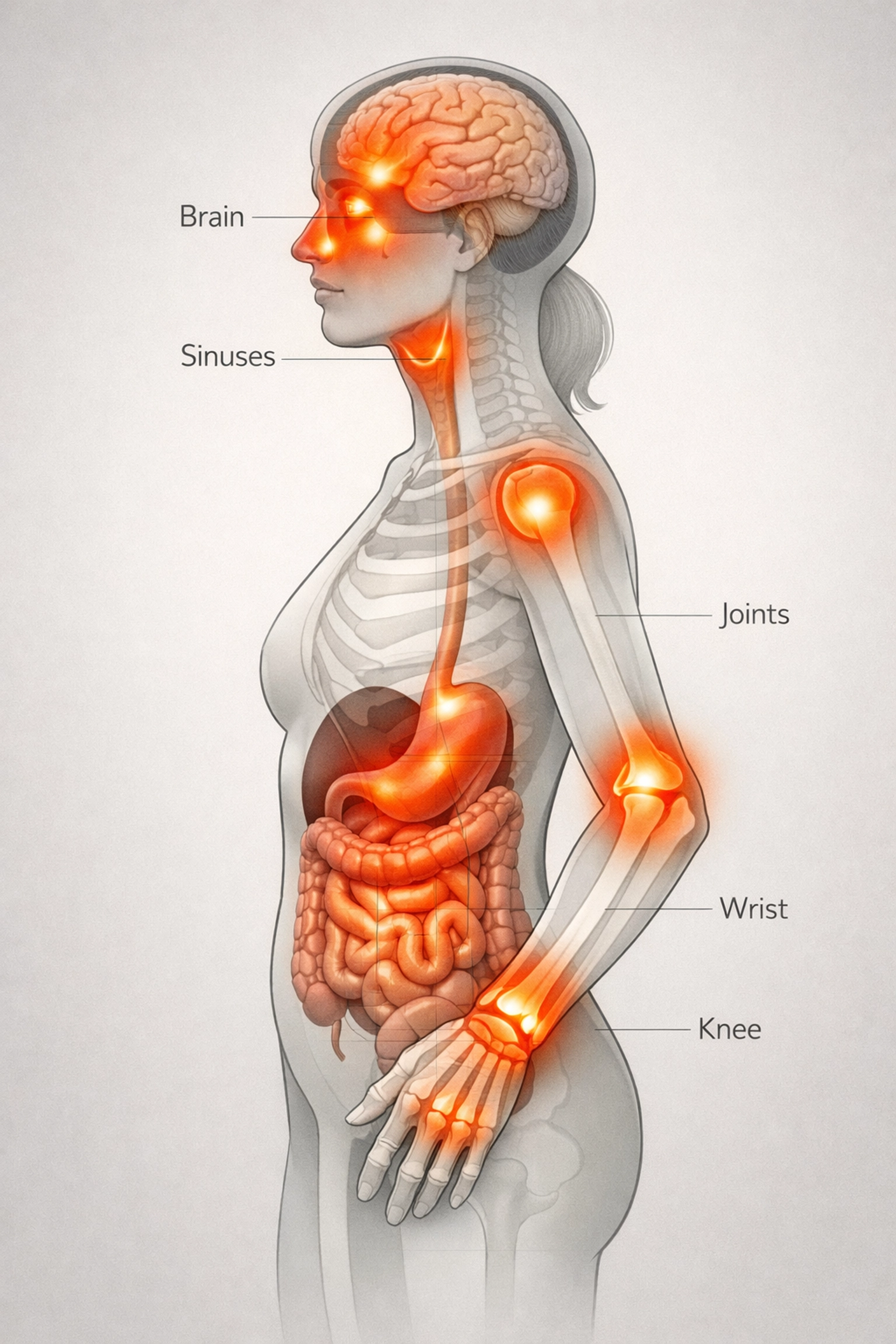 Human body diagram showing inflammation in brain, sinuses, joints from mold exposure